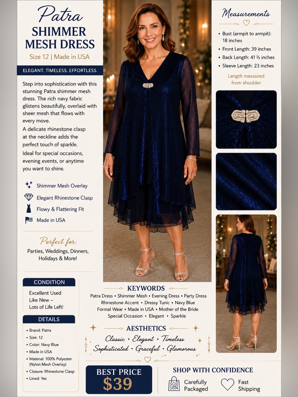 Patra Navy Blue Metallic Midi Dress with Sheer Overlay